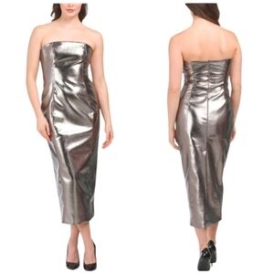 NWT 7 For All Mankind Strapless Metallic Faux Leather‎ Midi Dress Silver XS